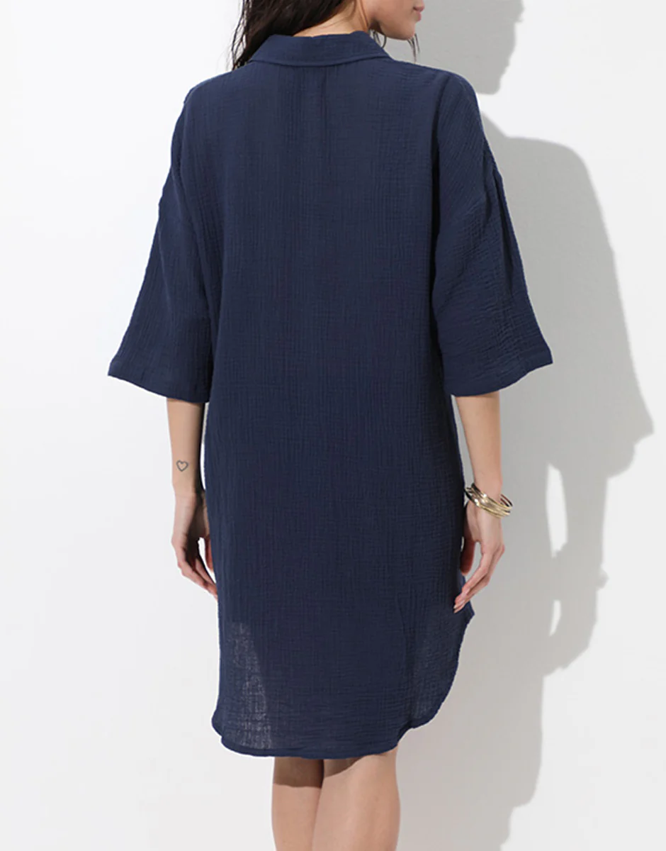 Abito camicia manica 3/4 in cotone intrecciato, blu notte - Image 2