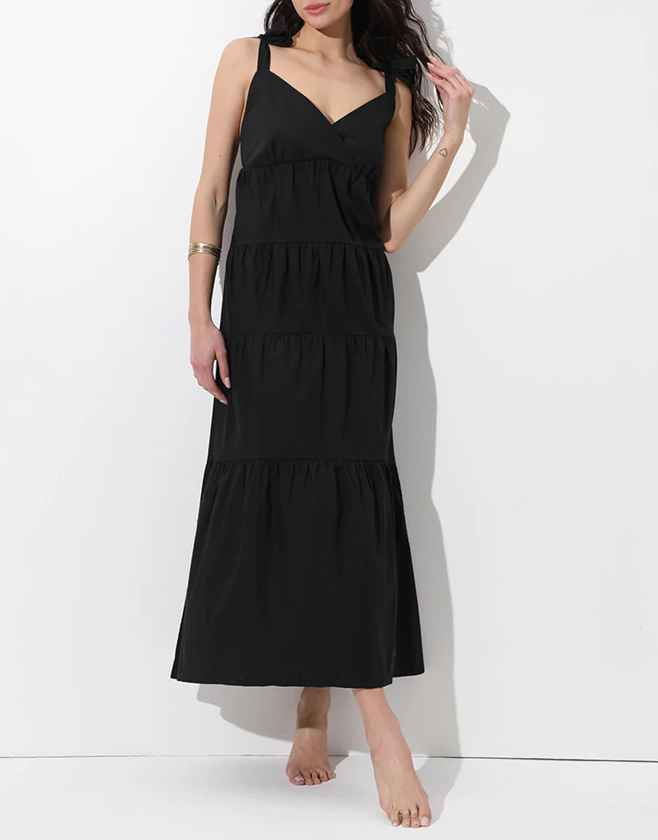 Abito Lungo con Spalline in Cotone, nero