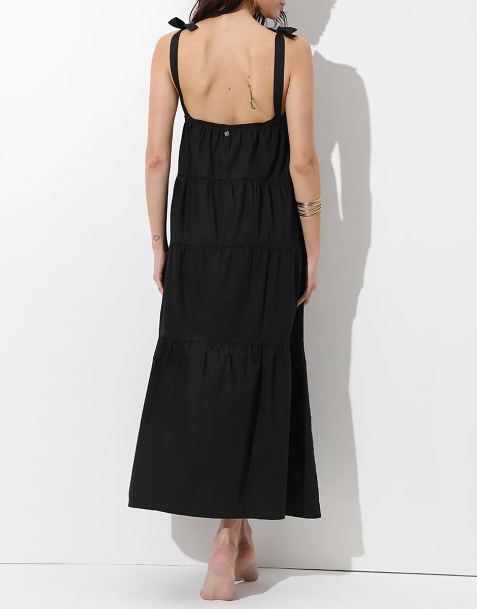 Abito Lungo con Spalline in Cotone, nero - Image 2
