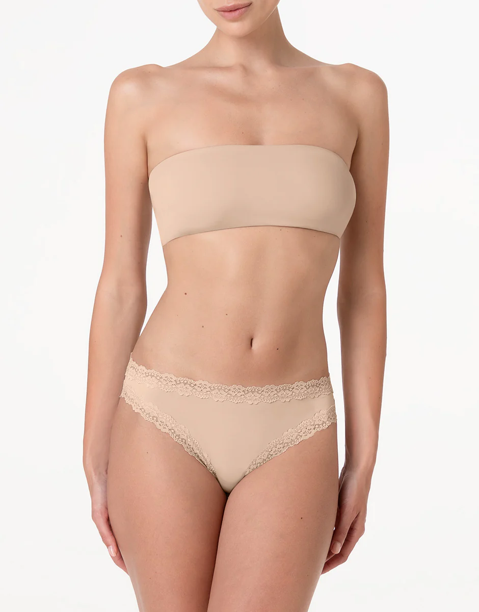 Brasiliano Lacy Micro in microfibra con pizzo, nudo chiaro - Image 3