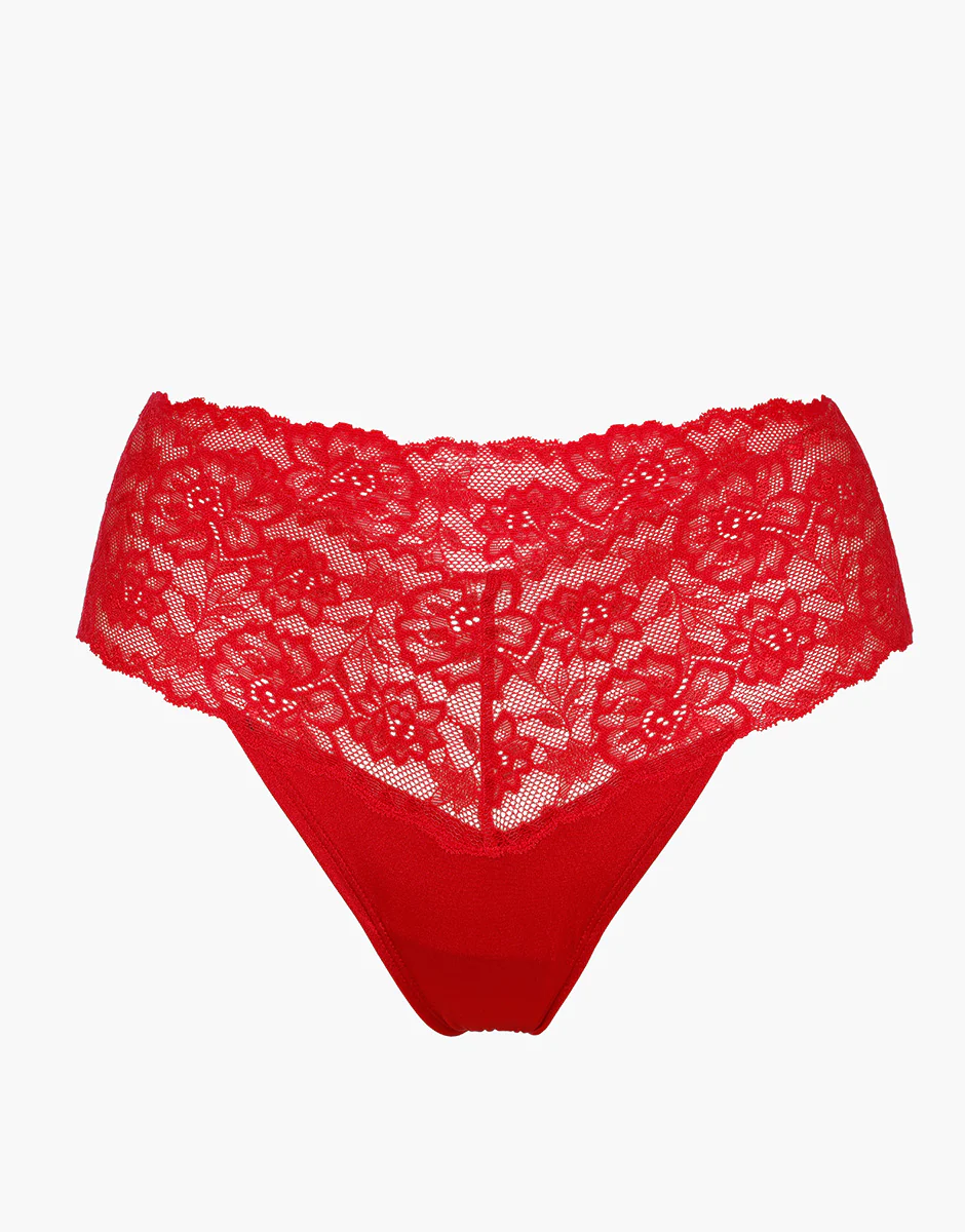 Brasiliano Table Panties in cotone e pizzo a fascia alta, rosso - Image 3