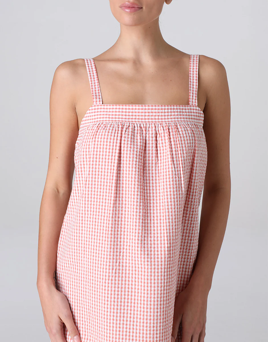 Camicia da Notte Smanicata in Tela Seersucker di cotone, vichy terracotta