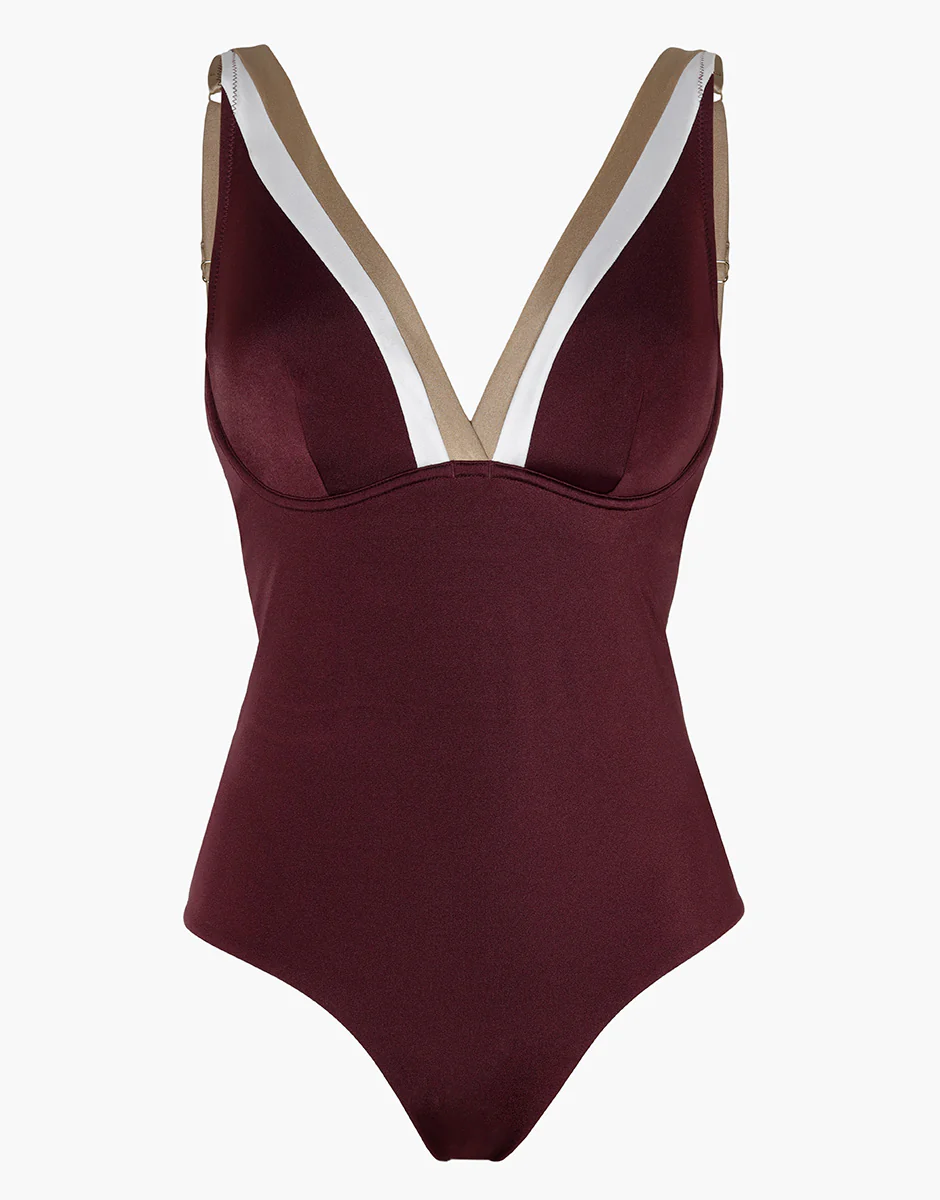 Costume Intero con Ferretto Shiny Colour Block, vinaccia bianco bronzo - Image 4