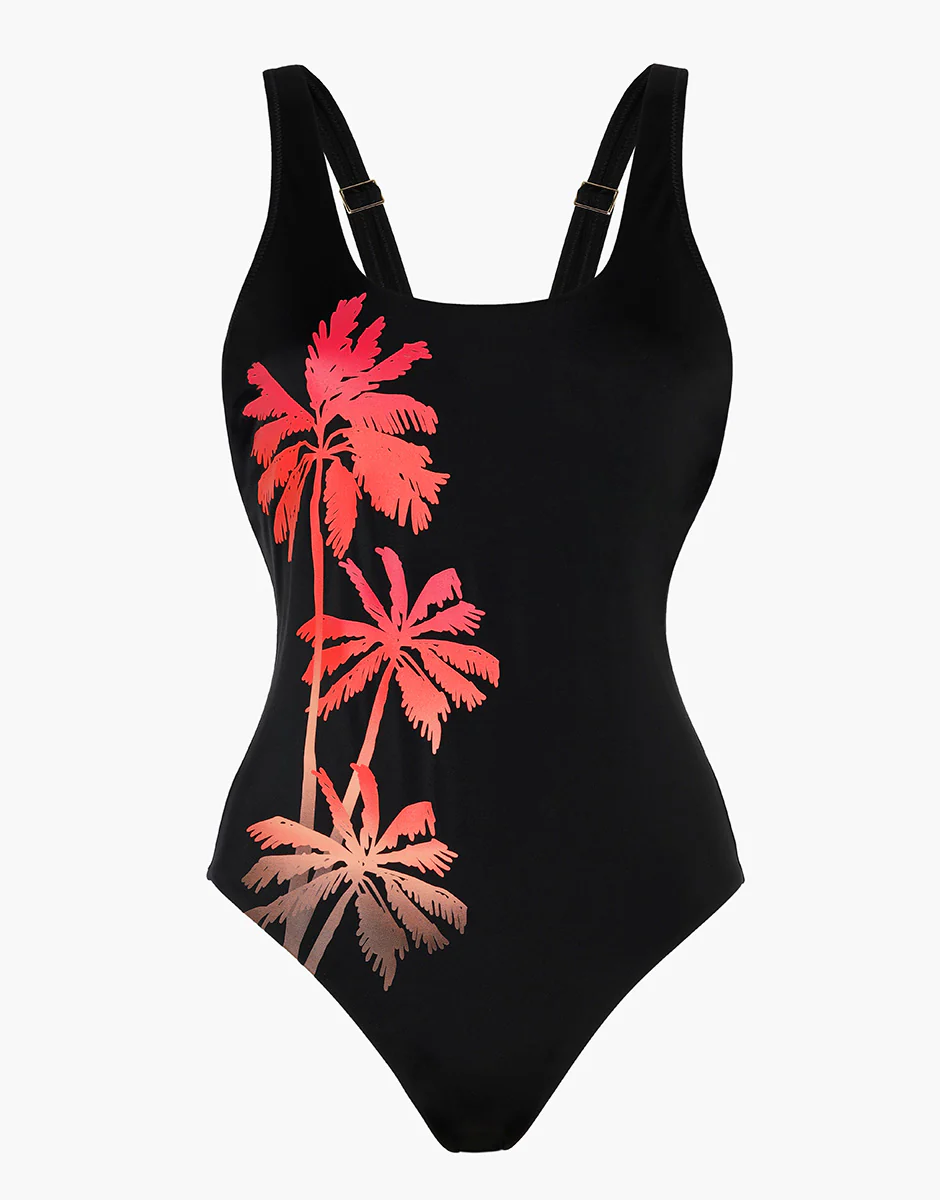 Costume Intero senza Ferretto Printed Shaping Micro, nero stampa palma - Image 4