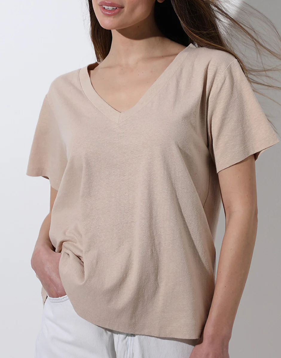 Maglia Manica Corta Scollo a V in cotone e lino, cappuccino