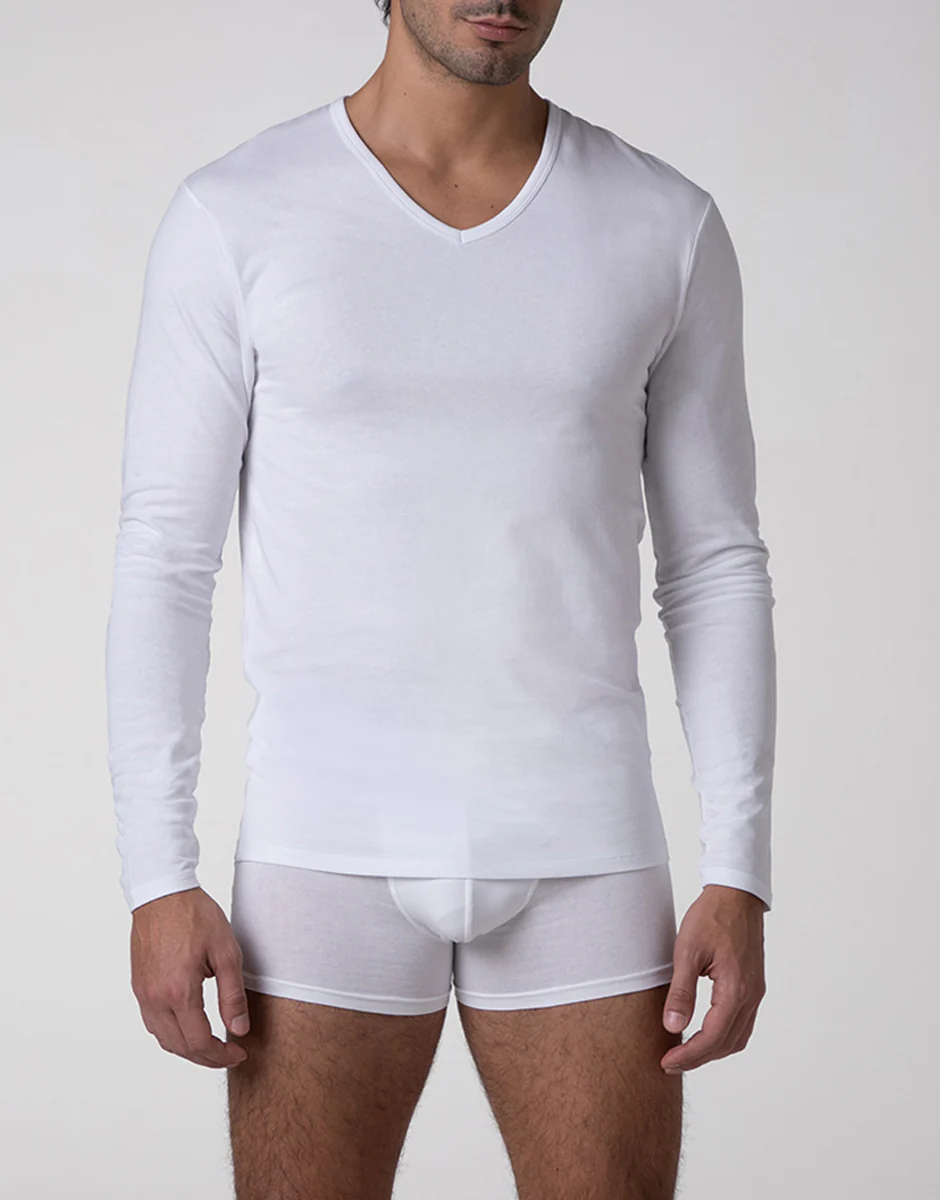 Maglia Manica Lunga scollo a V Cool Sensation in Stretch Cotton, bianco
