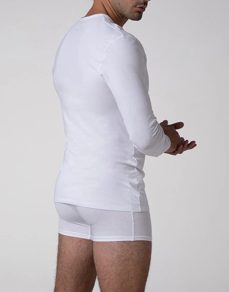 Maglia Manica Lunga scollo a V Cool Sensation in Stretch Cotton, bianco - Image 2
