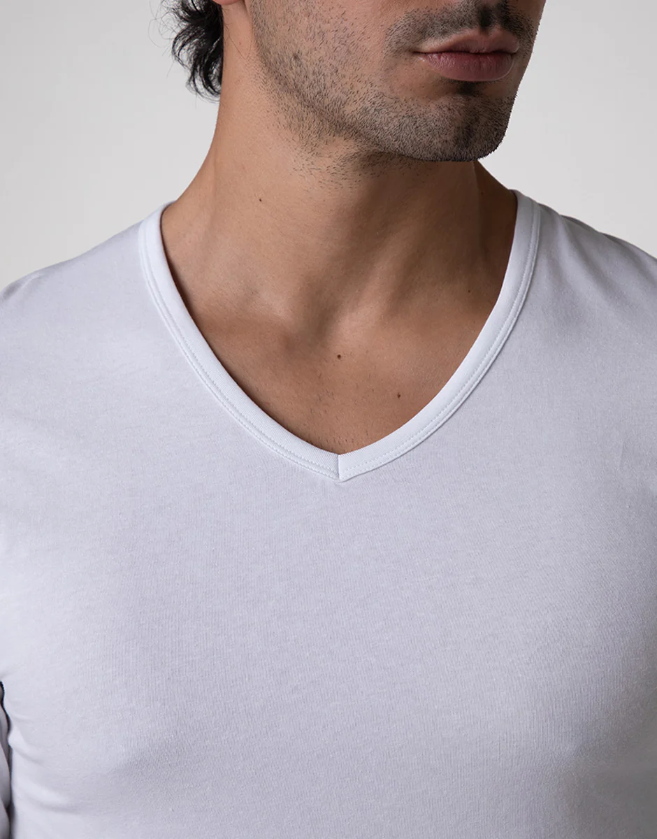 Maglia Manica Lunga scollo a V Cool Sensation in Stretch Cotton, bianco - Image 3