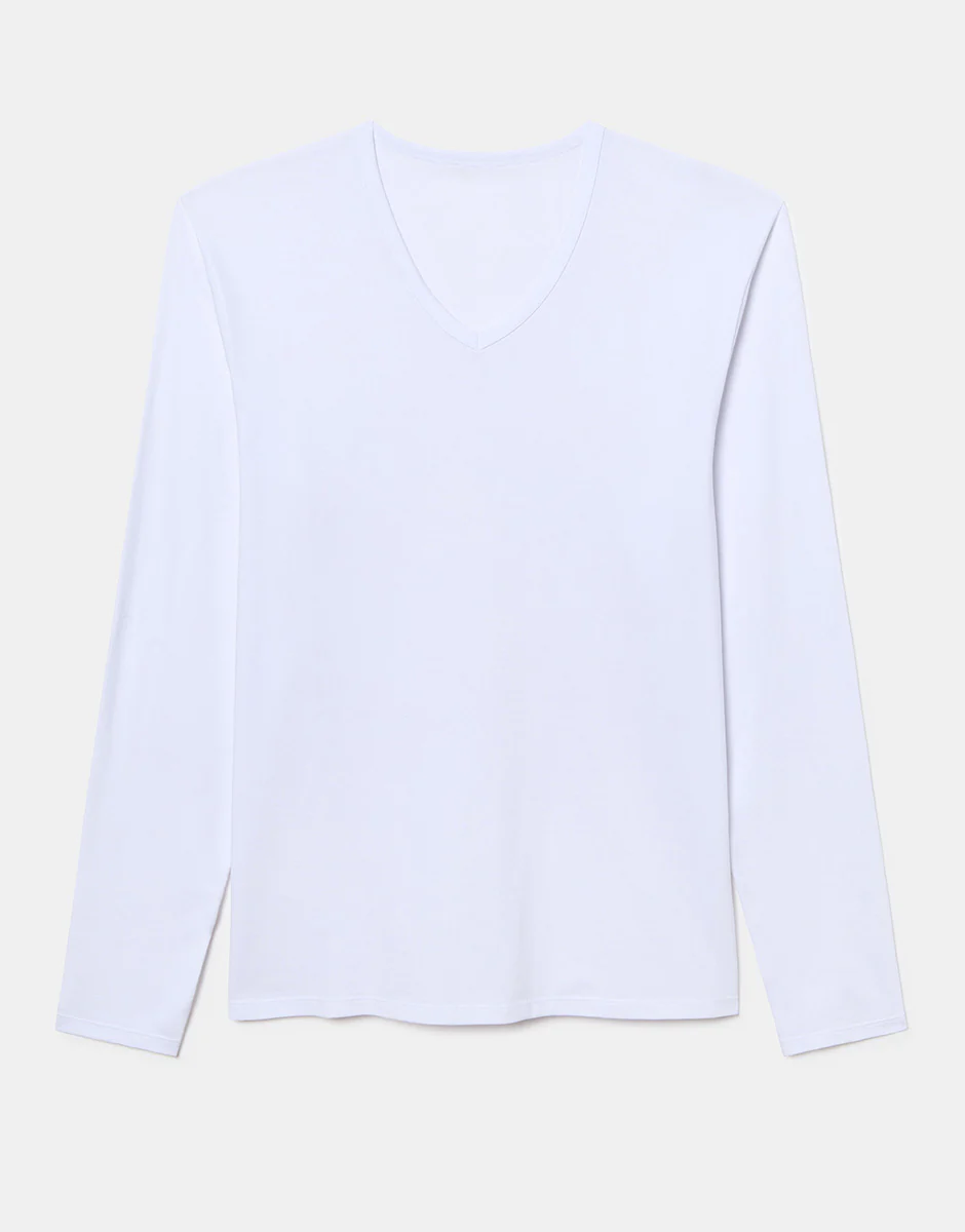 Maglia Manica Lunga scollo a V Cool Sensation in Stretch Cotton, bianco - Image 4