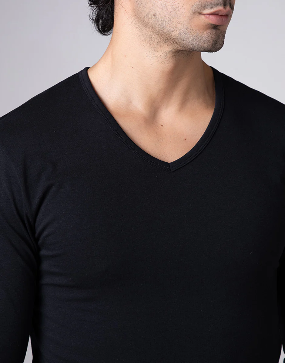 Maglia Manica Lunga scollo a V Cool Sensation in Stretch Cotton, nero