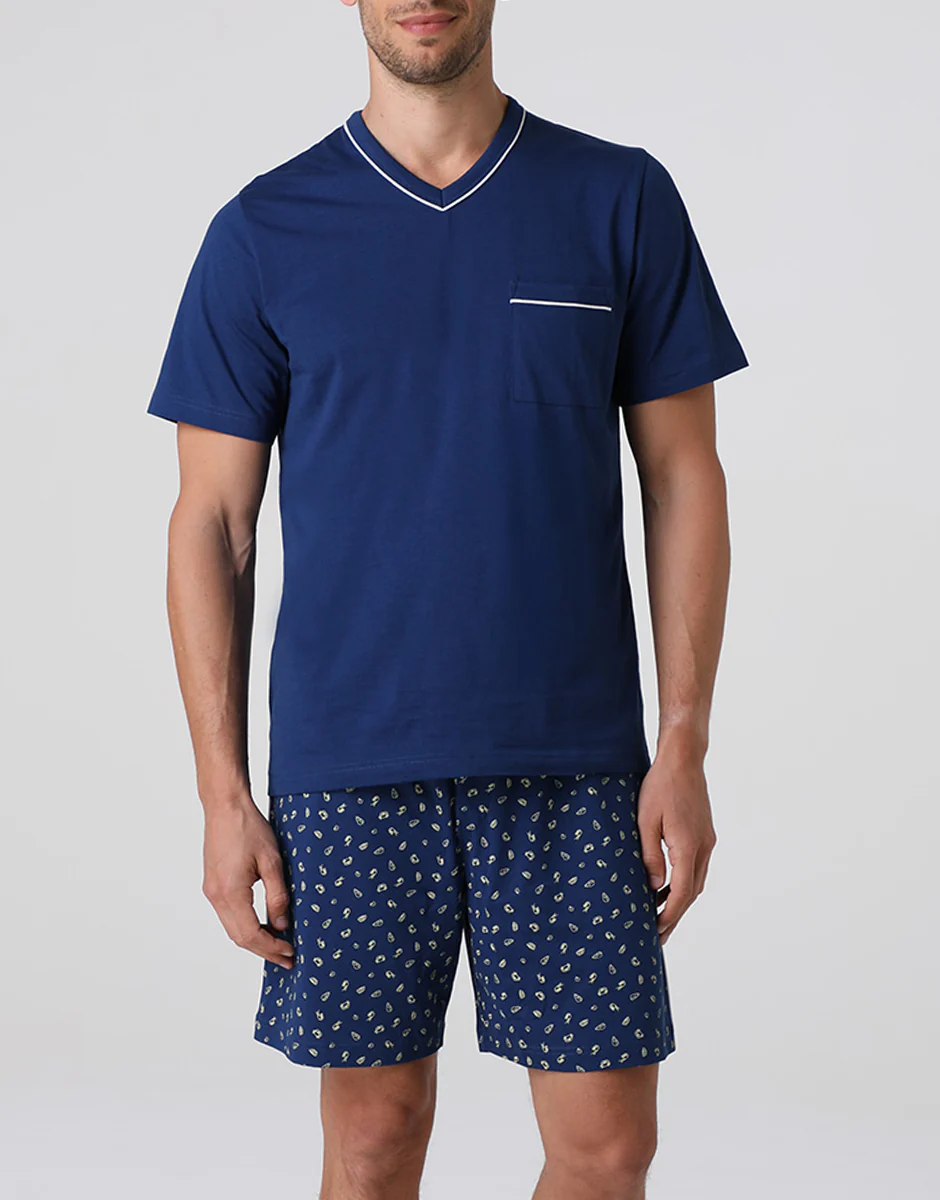 Pigiama Corto Scollo a V in Jersey, blu notte
