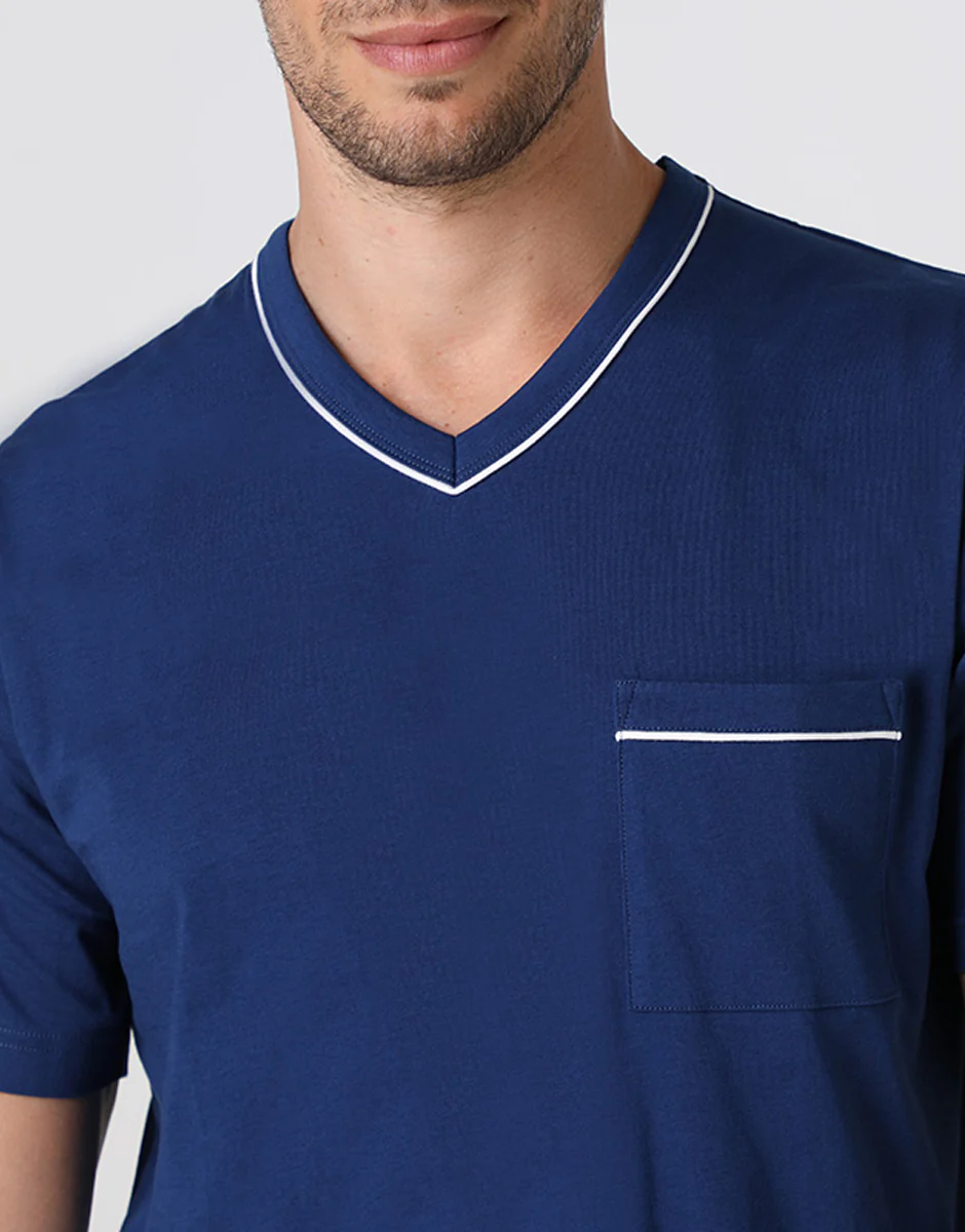 Pigiama Corto Scollo a V in Jersey, blu notte - Image 2