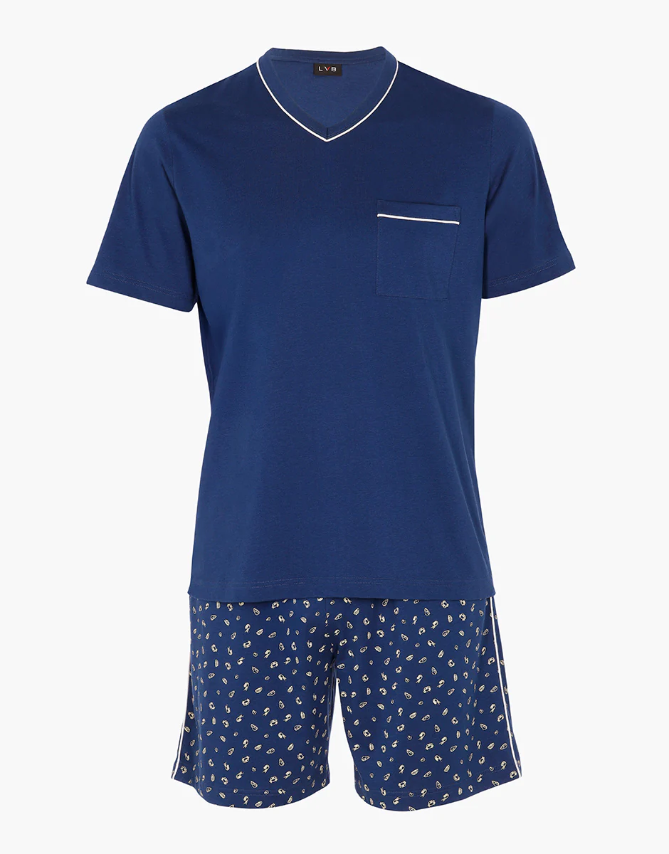 Pigiama Corto Scollo a V in Jersey, blu notte - Image 4