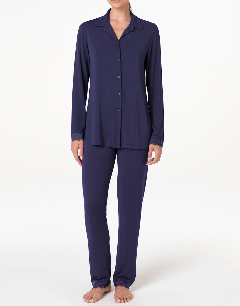 Pigiama Lungo Aperto Elegant Modal, blu notte