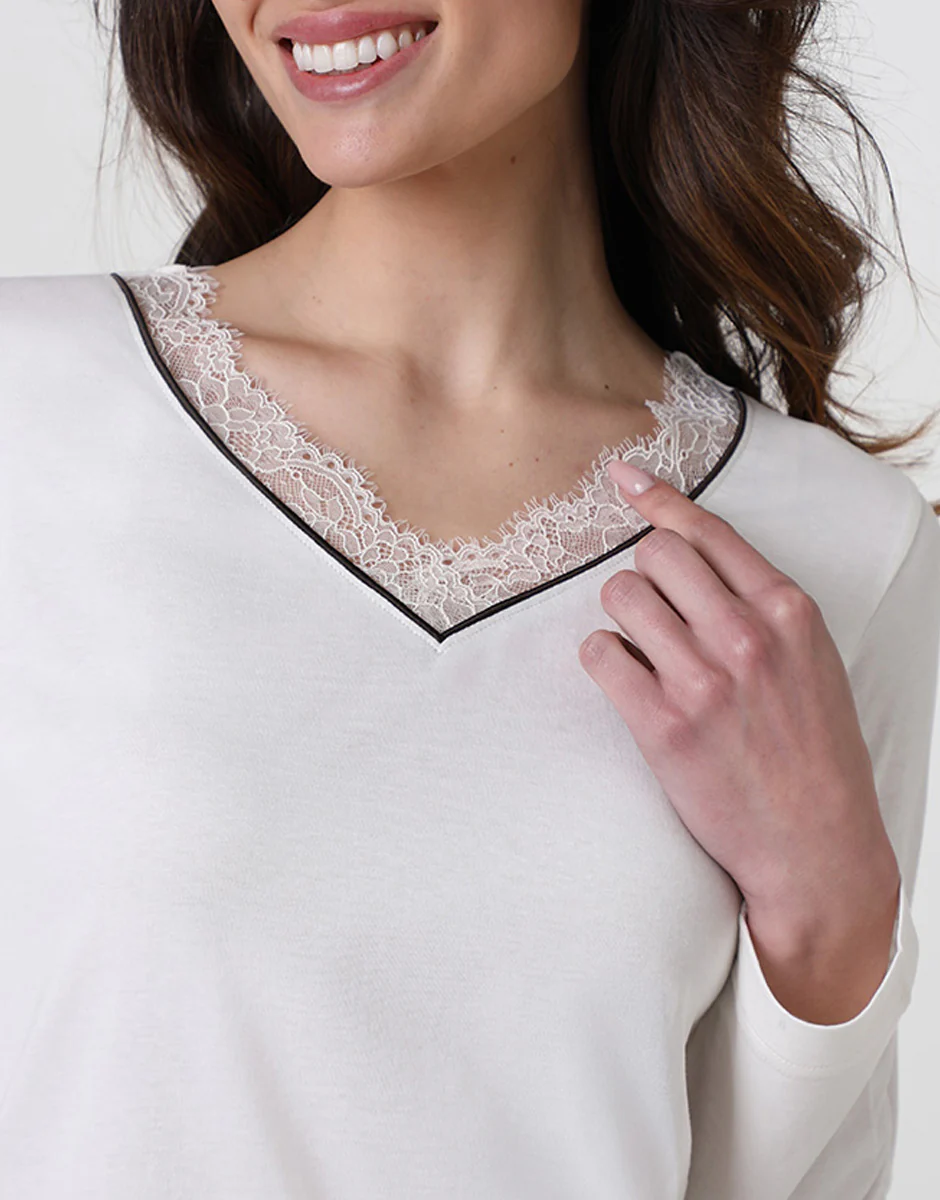 Pigiama Lungo Scollo a V in cotone modal e tela di viscosa, bianco latte - Image 3