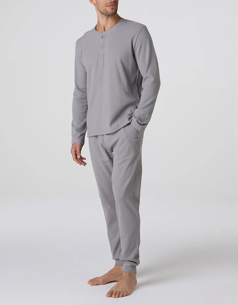 Pigiama Lungo Serafino in Waffle, grigio - Image 2