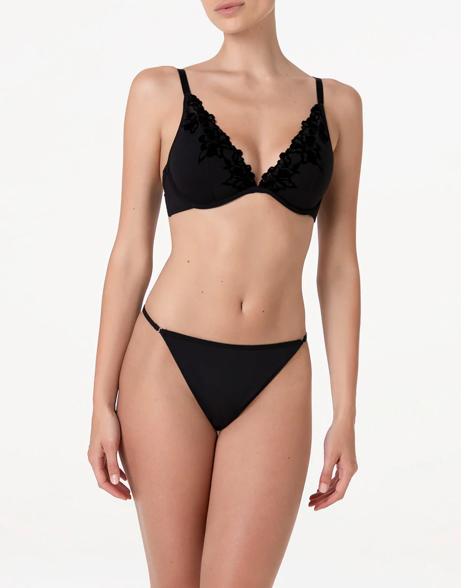 Reggiseno Triangolo Imbottito con Ferretto Velvet Embroidery in tulle e velluto, nero - Image 3