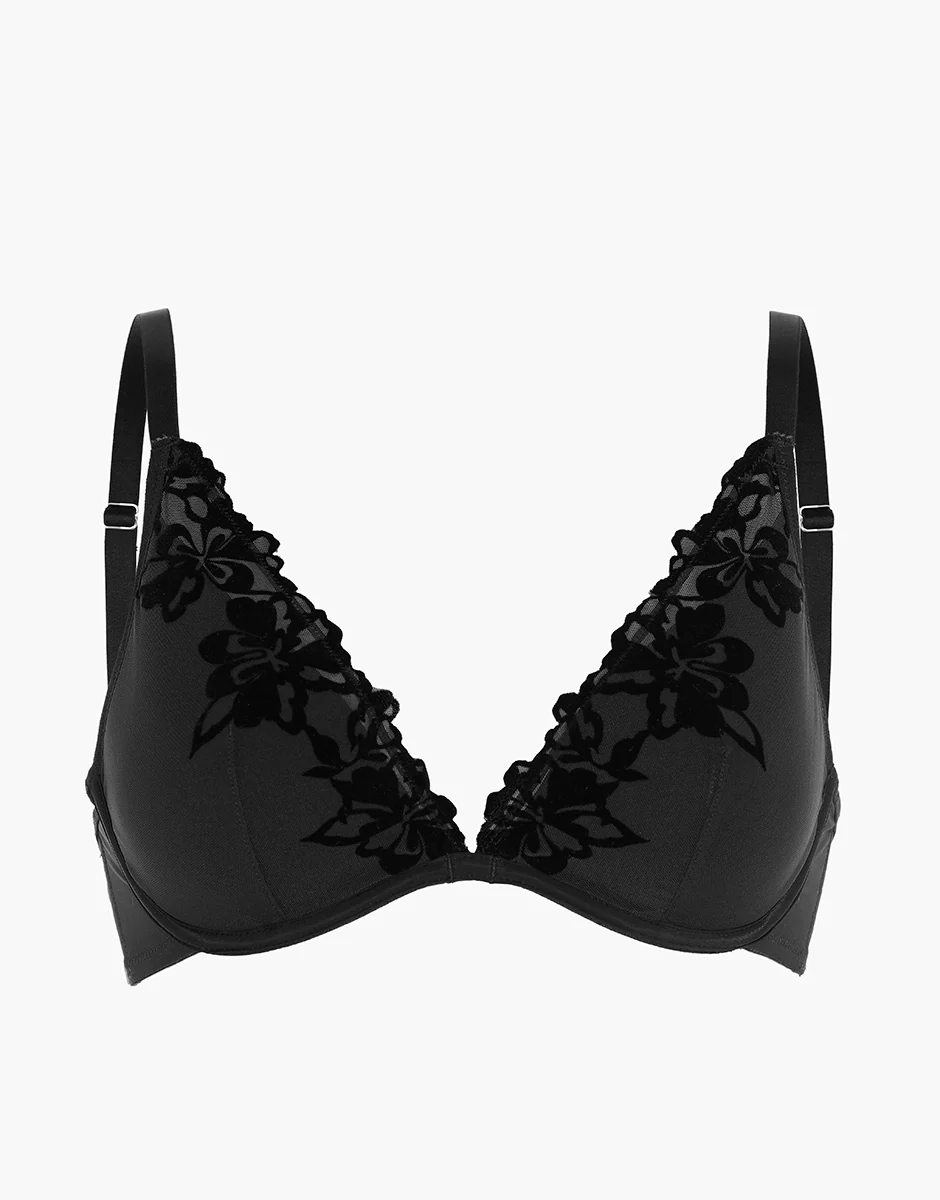 Reggiseno Triangolo Imbottito con Ferretto Velvet Embroidery in tulle e velluto, nero - Image 5