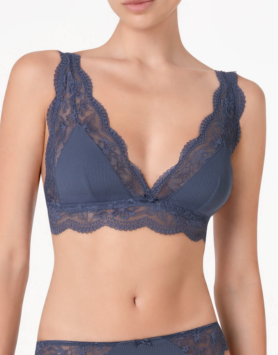 Reggiseno Triangolo senza Ferretto Casual Rib Lace in microfibra e pizzo, blu polvere