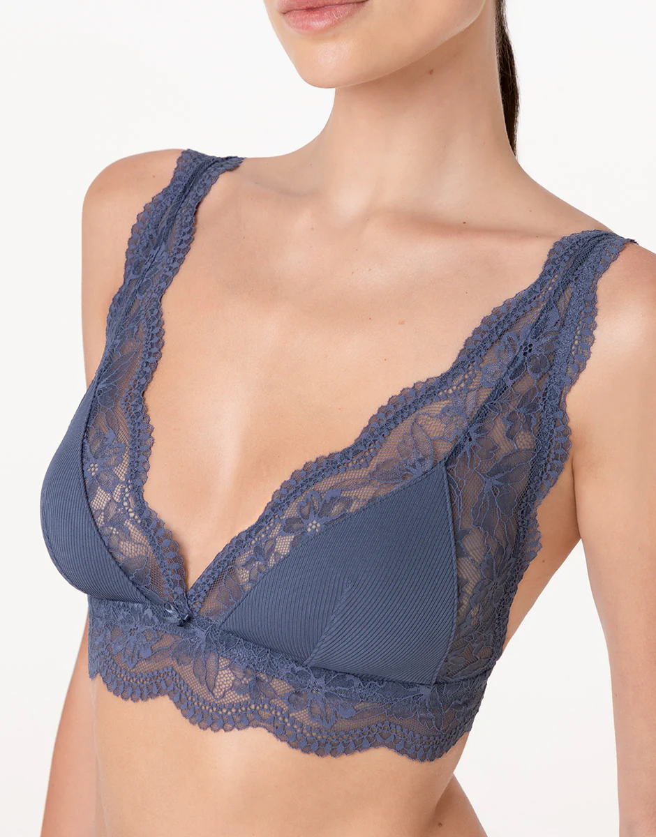 Reggiseno Triangolo senza Ferretto Casual Rib Lace in microfibra e pizzo, blu polvere - Image 5