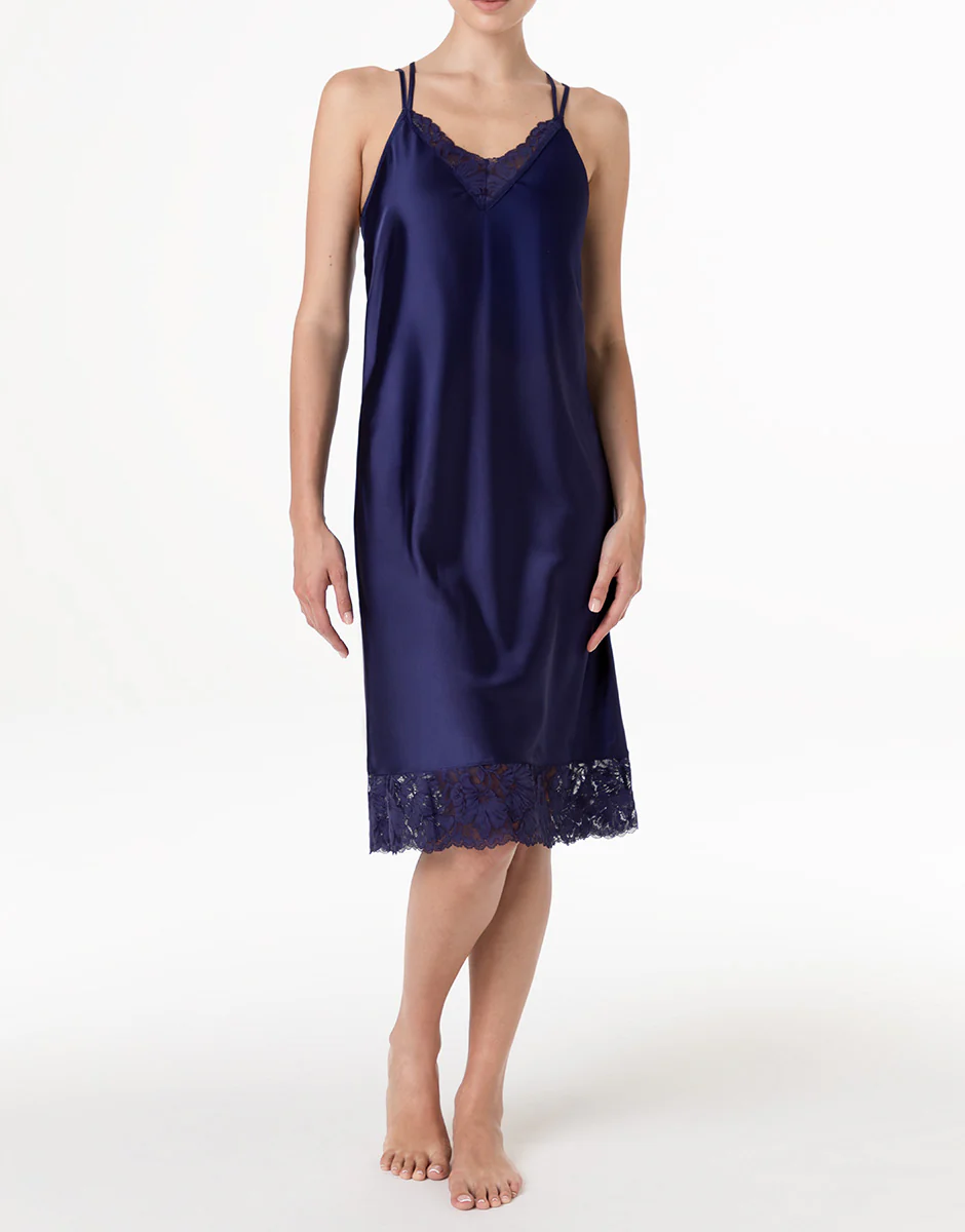 Sottoveste in satin con pizzo, blu notte