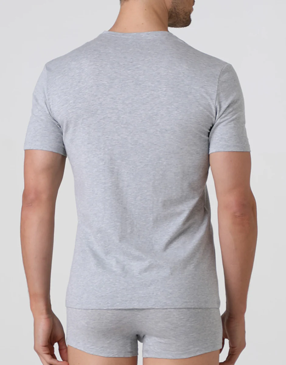 T-Shirt Cotton Stretch grigio melange in cotone elasticizzato con scollo a V profondo - Image 3