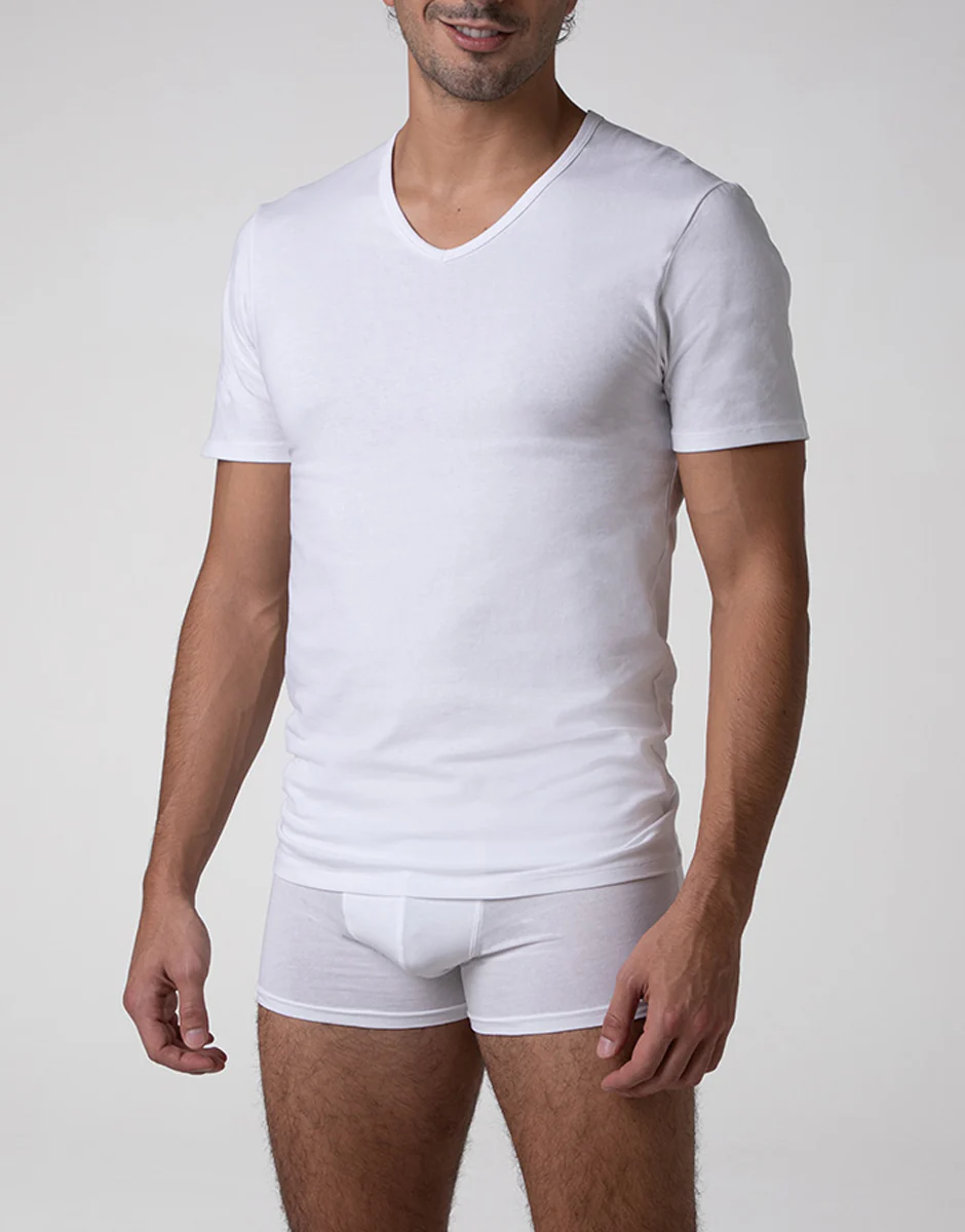 T-shirt scollo a V Cool Sensation in Stretch Cotton, bianco