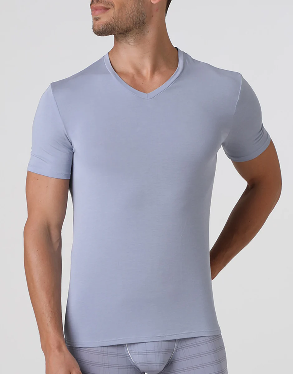 T-shirt uomo con scollo a v in micromodal, grigio chiaro - Image 2