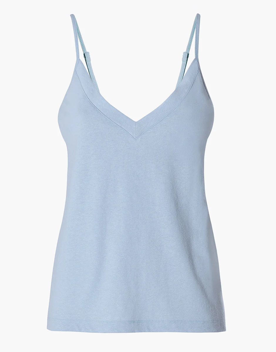 Top con scollo a V in cotone e lino, azzurro - Image 4