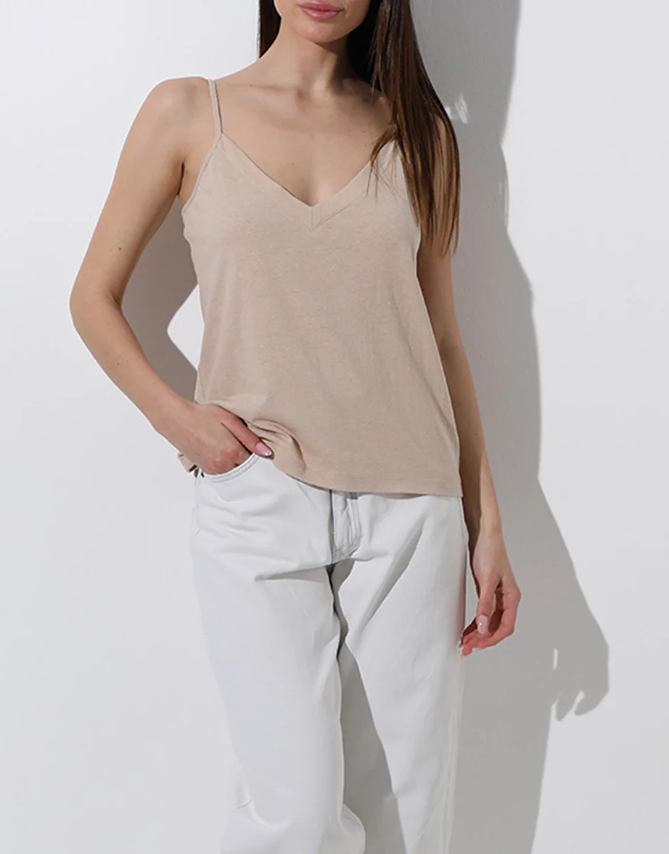 Top con scollo a V in cotone e lino, cappuccino