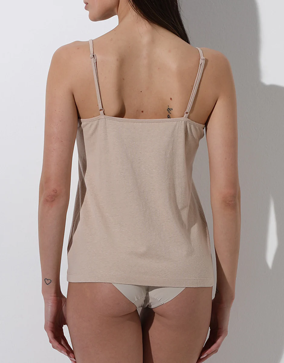 Top con scollo a V in cotone e lino, cappuccino - Image 3
