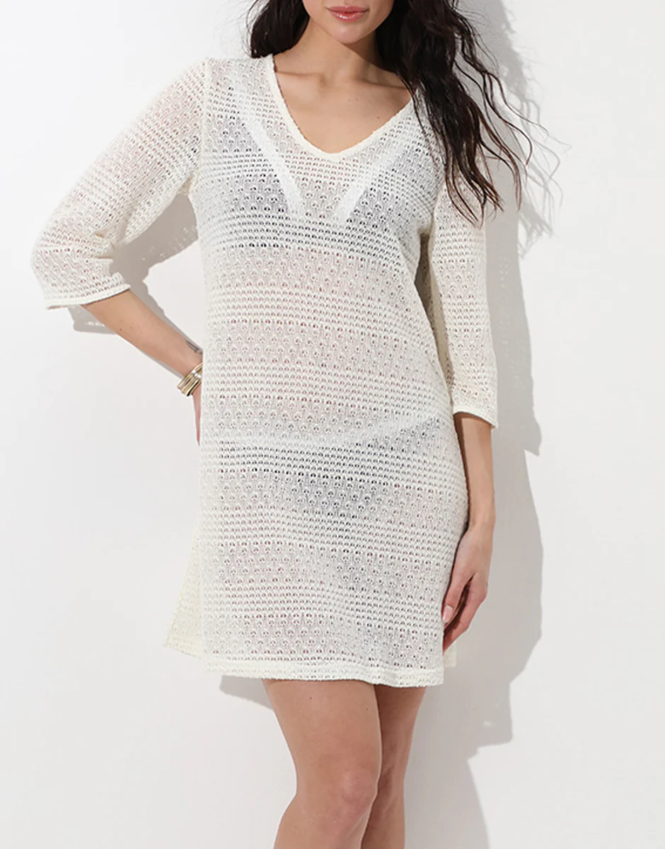 Vestito manica ¾ in crochet, bianco seta